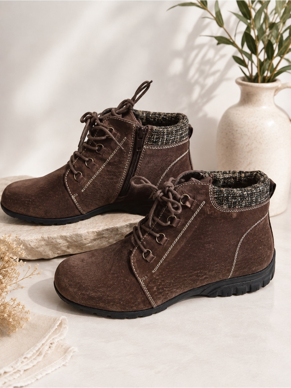 Propet Brown Suede Lace-Up Ankle Boots 9.5N Leather Comfort Zip Knit Collar